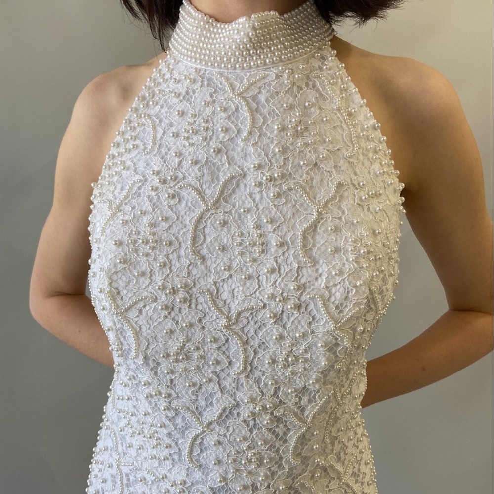 St. Tropez Vintage Ivory Cream Sheath Halter Dress with Slit Size 6 - Picture 3 of 5